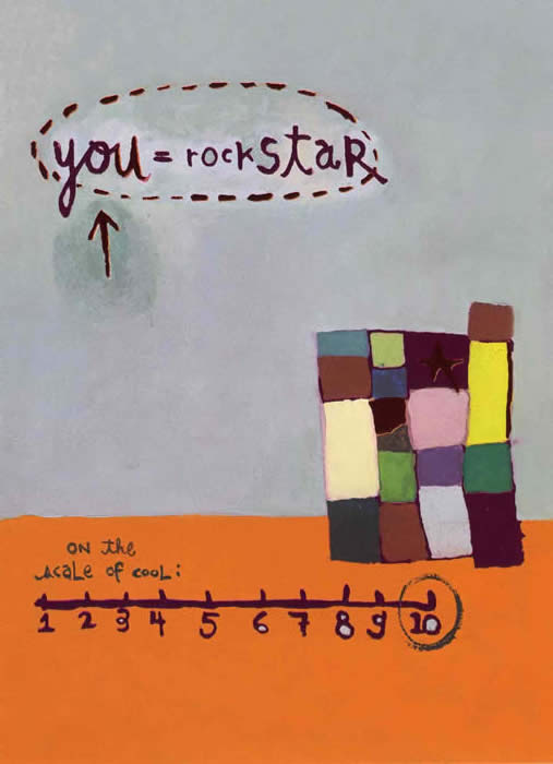 Twin 8 year olds created this artwork for Norman. It says "You= Rockstar." There is also a scale of cool from one to ten with the ten circled.